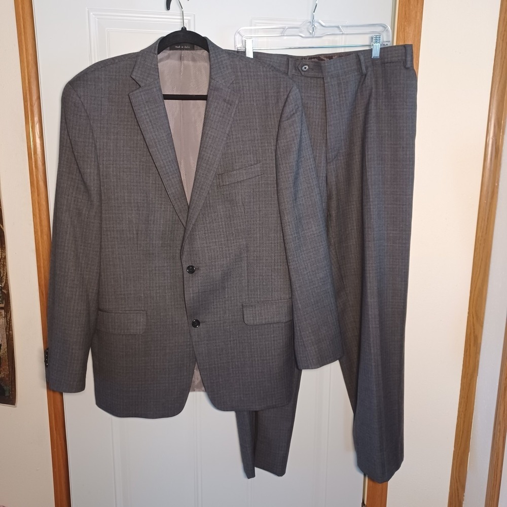 Michael Kors 42L Gray Micro Check Wool Suit Jacket & Pants Dbl Vent 2 Button